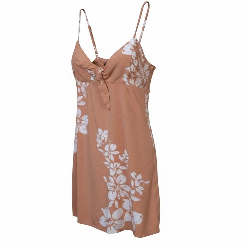 Volcom Women Mini Dress S Peach Floral Tie Front Smocked Tropical Boho Summer